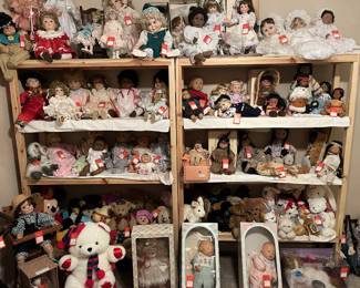 Collectable dolls and bears. Some artist signed, most have boxes and certificates. Vintage dolls, gran and papa couple in rocking chairs, vintage doll high chair, cradle, American girl doll, doll bed, moses basket, Indian dolls, Micky and Minnie, Patty Duke bear, Fur real cat, Precious moments dolls, Boyd Bears, Goodnite Bear in box! 1800's baby carriage!