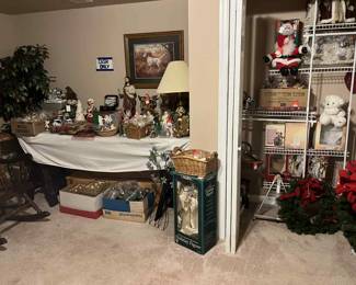 Ethan Allen rocking chair, pictures, Christmas ornimants, animated Christmas decor, lamps, home interior wise men, manger, Christmas garlands, wreaths, trees, oak plant stand, etc