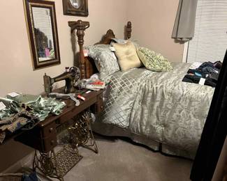 Sewing machine 1925, antique bedroom set, comforter sets, clothes.