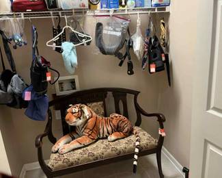 Antique settee, tiger, home health items, vintage flash lights