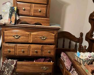 Bedroom suite chest of drawers, night stand, full size bed, dresser with hutch. Lots of curtains and curtain sets.