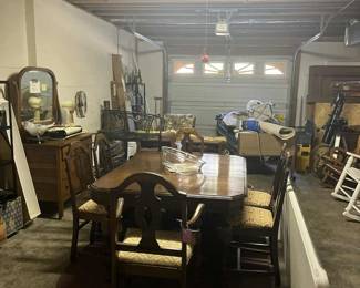 Antique table with 6 chairs and buffett and server, antique pine dresser with mirror, hosptial bed, antique matching mantels from 1900 made in Bessemer, Al. Old bottles