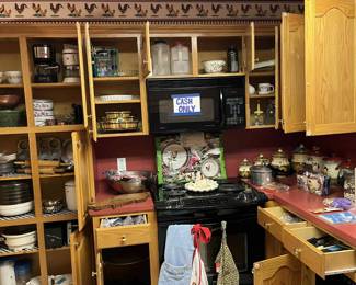 Kitchen items, small appliances, micro wave, pyrex, copper, pressure cooker, plastic ware, gadgets, etc