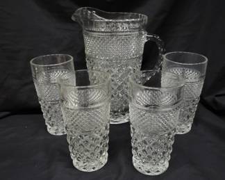 	Pressed Glass Pitcher With Tumblers Set