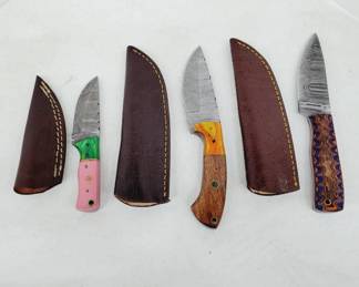 Damascus Blade Knife Lot w/ Leather Sheaths