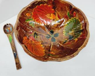 Hand Painted Wooden Salad Bowl Set