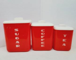	Red Plastic Kitchen Canister Set Of Three