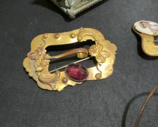 $62.50 Antique OLD Brooch Sash C Clasp Victorian Buckle Pin Amethyst Glass