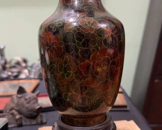 $75 Cloisonne Vase with mahogany stand 9.5 tall