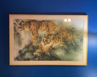 $125 Original Two Tigers by Henry Wo YueKee from China, 1972 Watercolor on silk 26 x 40