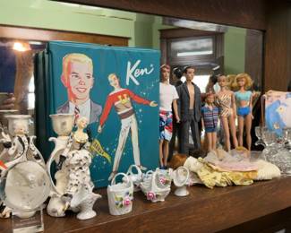 $50 1960s Vintage Ken and Barbie kit with case, wigs and clothing. Two Ken, Two Barbie and one child 5 dolls included