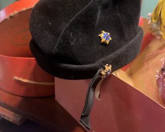 $32.50 1950s Black Velvet Beret Hat with Embellishments
