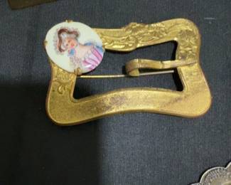 $87.50 Antique OLD Brooch Sash C Clasp Victorian Buckle Pin with Ceramic