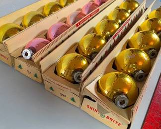 Boxes of vintage Shiny-Brite ornaments