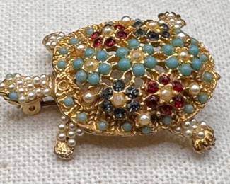Vintage multicolor floral turtle brooch