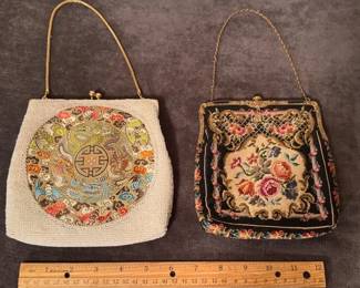 Antique needlepoint tapestry handbag and beaded handbag with silk brocade