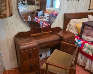 Waterfall vanity and bench. Matching dresser and mirror, bed and chest also in auction