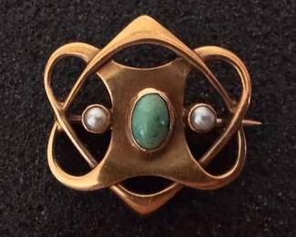 Murrle Bennett and Co art nouveau 15K brooch with turquoise and pearl stones
