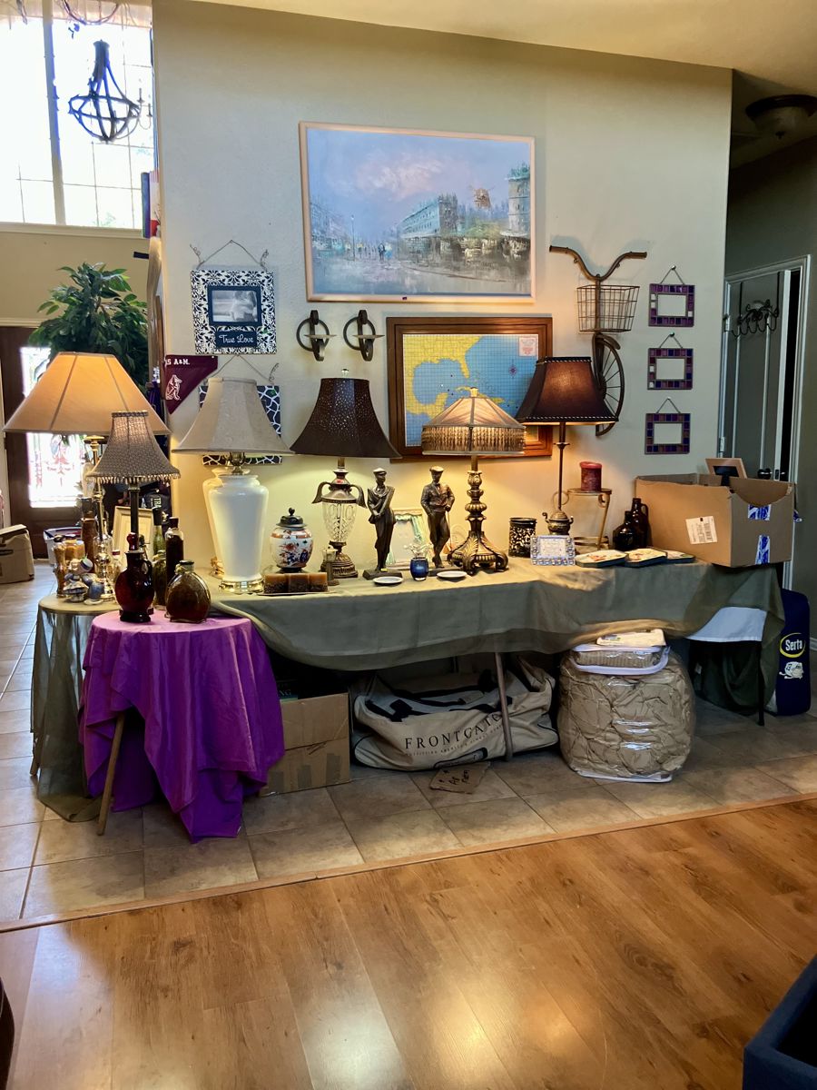 Lots of Lamps
Pictures
Picture Frames
King Size Gold Comforter & Matching Dust Ruffle
Decorative Bottles
Air Mattress
Vintage Magnetic Hurricane Tracking Map, It has been in our family 40+ Years!