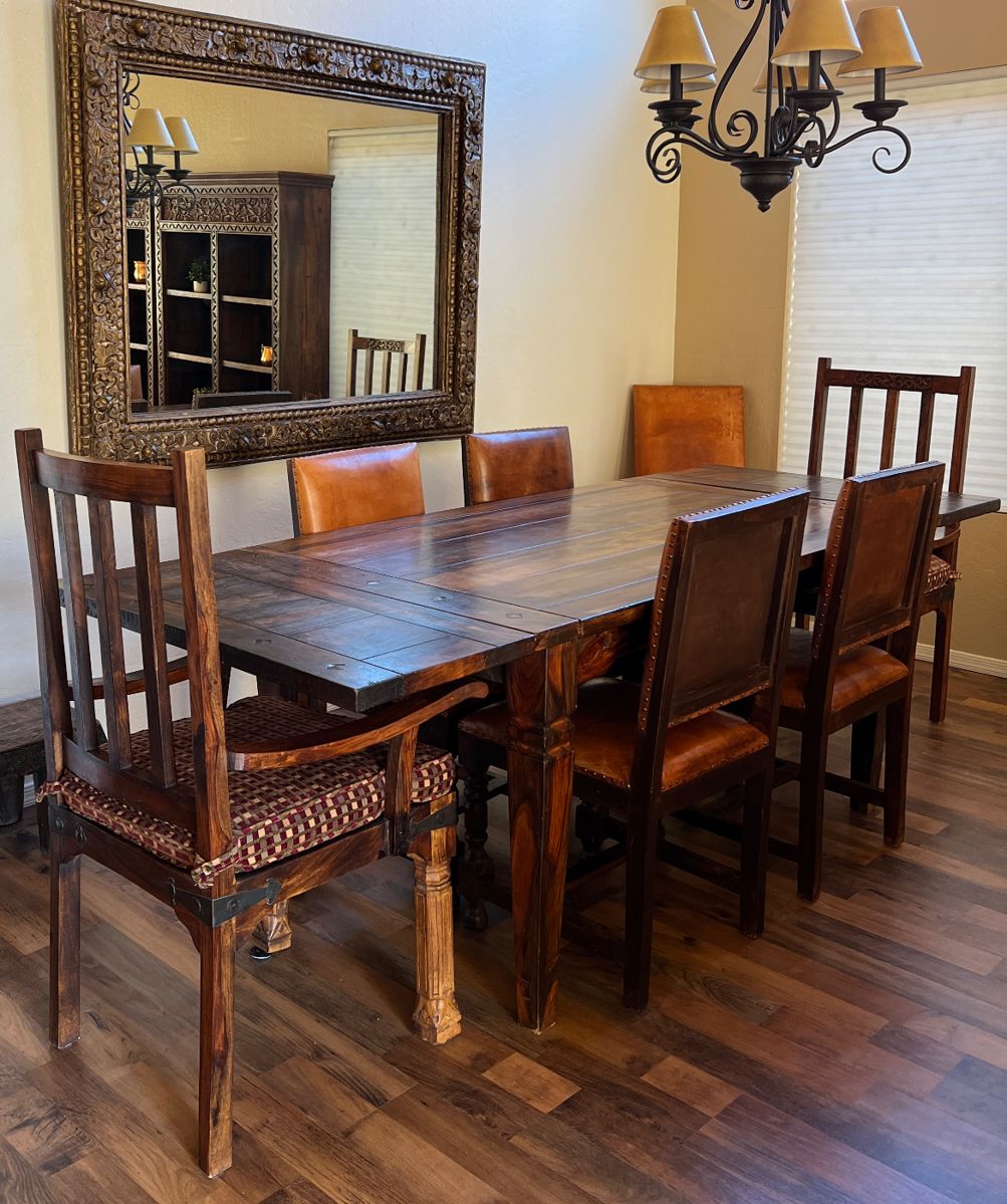 Rustic Dining Table w 2 Rustic Arm Chairs w Cushions and 4 Leather Side Chairs, Hand Carved Wall Mirror, Rustic Side Chair