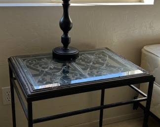 Rustic Ornate End Table w Glass Top, Table Lamp