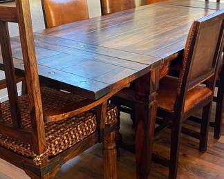Rustic Dining Table w 2 Rustic Arm Chairs w Cushions and 4 Leather Side Chairs, Hand Carved Wall Mirror, Rustic Side Chair