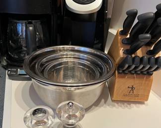 2 Sets of Stainless Mixing Bowls, Henckel Knives w Block Japan, Krups Coffee Maker, Keurig Coffee Maker, Plexi Salt & Pepper