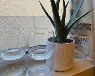 Assorted Glassware, Faux Cacti, Grey Goose Bottle