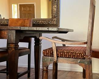Rustic Dining Table w 2 Rustic Arm Chairs w Cushions and 4 Leather Side Chairs, Hand Carved Wall Mirror, Rustic Side Chair