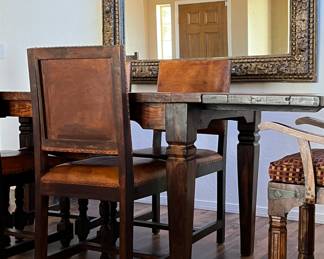 Rustic Dining Table w 2 Rustic Arm Chairs w Cushions and 4 Leather Side Chairs, Hand Carved Wall Mirror, Rustic Side Chair