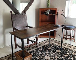 Bookcase, Desk, Wicker Framed Mirror, Spanish Revival Carved Wood Arm Chair, Swivel Stool, Adjustable Desk Lamp