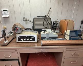 Vintage movie equipment, mid century metal office desk