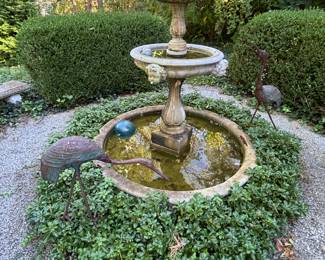 Large fountain stays with home, but gorgeous cranes and floating balls are for sale!