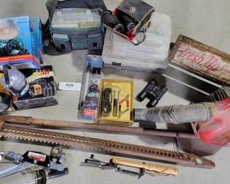 Misc. Tools, Fishing Gear, Binoculars & Old Wood 7-Up Case