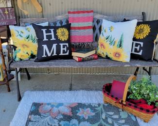 Vintage Bench, Throw Pillows , Baskets & Pretty Rugs