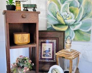 Vintage Table, Art, Antique Ertl Wagon, Lantern & Clock