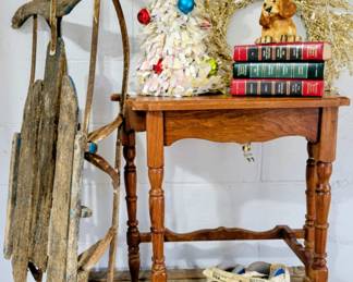 Vintage Sled, White Christmas Tree & Kids Skates