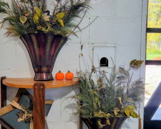Vintage Wood Table, Metal Art Sconces & Fall Wreaths