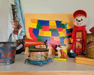 Antique Tin Toy Gramophone, Disney Toothbrush Holder, Vintage 1984 Alvin Telephone & Large Wood Puzzle