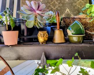 Vintage Brass School Bell & Owl, Mini Crocks & Plants