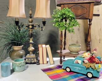 Antique Humidor, Vintage Lamp, Pottery & Fun Truck