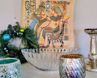 Vintage Egyptian Papyrus Art, Crystal Bowl & Decor