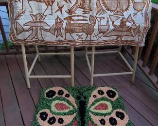 Batik Wall Bed Cover, MCM Hooked Rug Wooden Easels