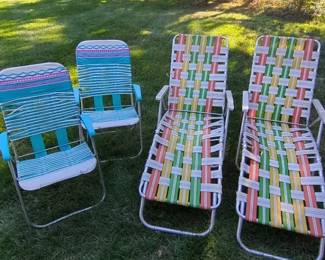 Set Of 2 Vintage Webbed Chaise Lounge Lawn Chairs Aluminum Tubing PVC Wrapped Lawn Chairs