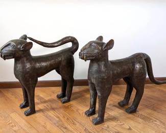 04 Nigerian Bronze Benin Leopard Pair, LifeSize Vintage