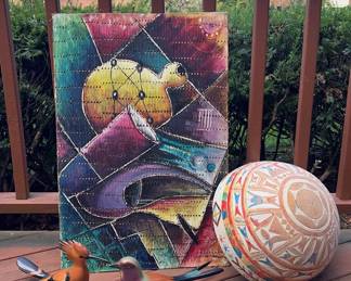 Colorful African Art Pieces Featuring Hand carved Calabash And Multimedia Piece