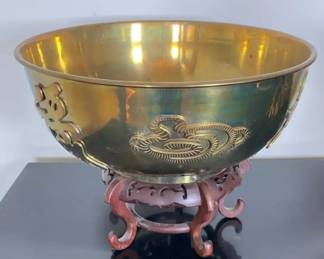 Asian Brass Bowl w Wood Stand