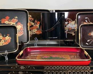 Vintage Japanese Lacquerware Serving Trays, Plus Ice Bucket