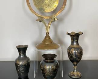 Vintage Brass Table Gong Made In India, plus Vases