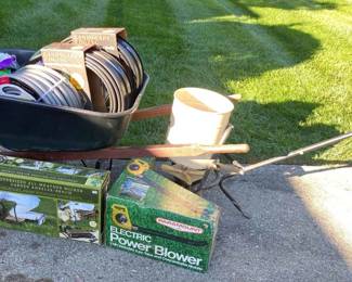 Wheel Barrel, Garden Hoses, Bench, And Blower